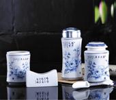 國色天香青花保溫杯茶葉罐五件套